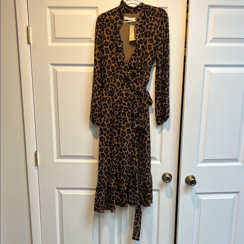 MICHAEL Michael Kors Brown Leopard ruffle Long Sleeve wrap Dress